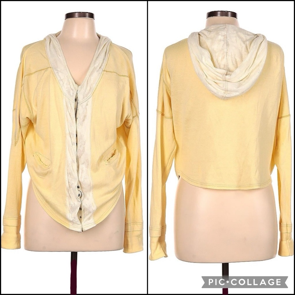 Free People Buttercream Mixed Media Dolman Sleeve Hooded Zip Front Sweatshirt